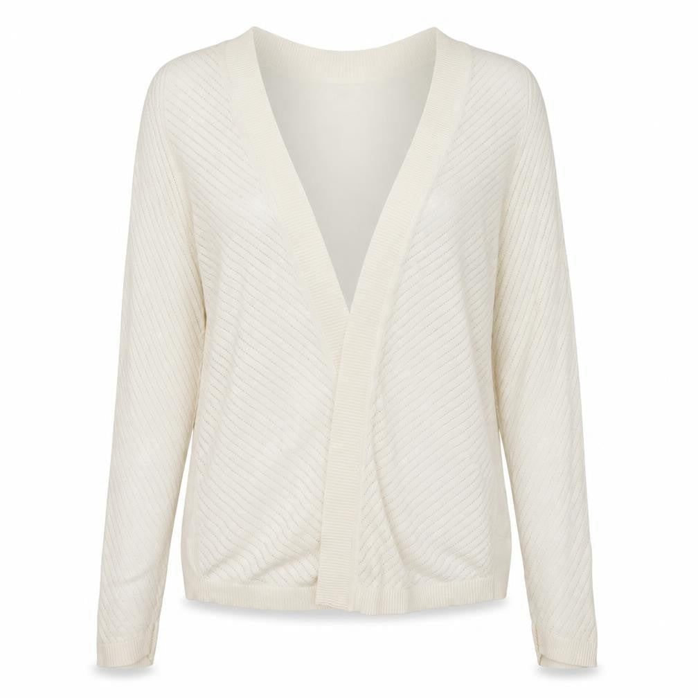 Front view of H&M women’s beige v-neck polyester cardigan jumper, size M