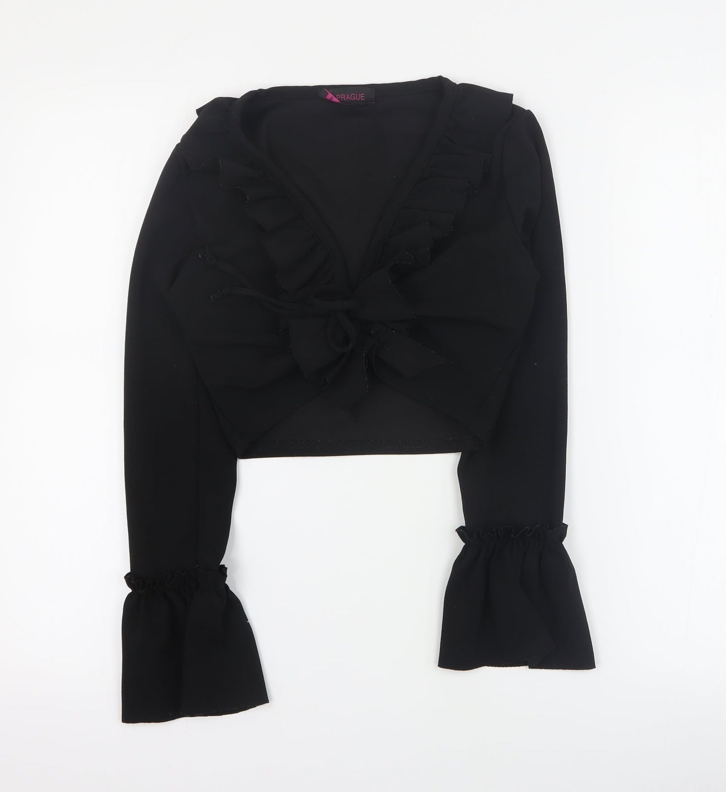 Prague Womens Black  Polyester Cropped Blouse Size 8 V-Neck