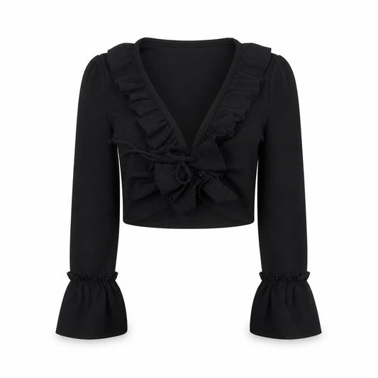 Front view of Prague women’s black polyester cropped blouse, size UK 8, v-neck