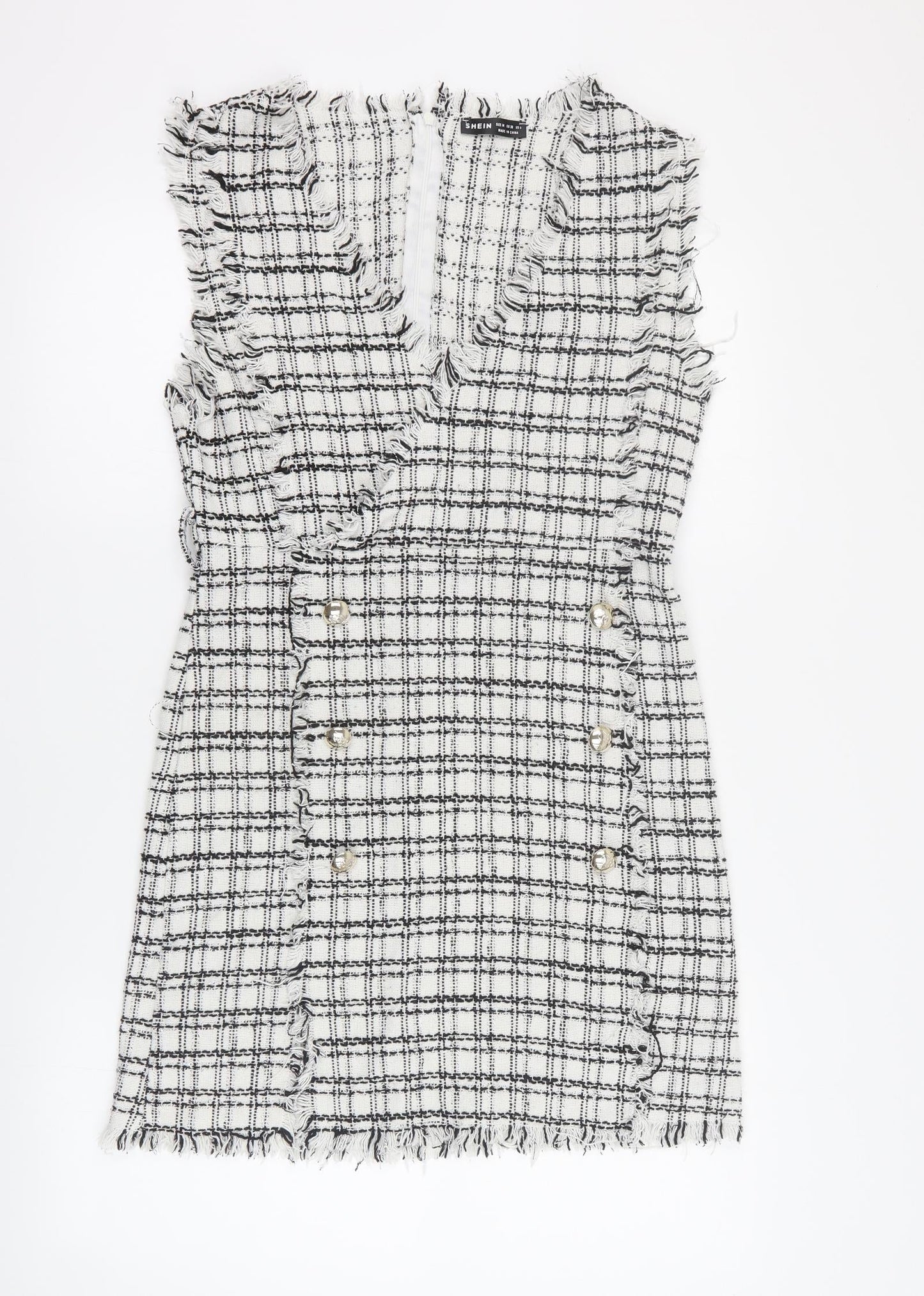 SheIn Womens White Plaid Polyester Mini  Size M  V-Neck Zip