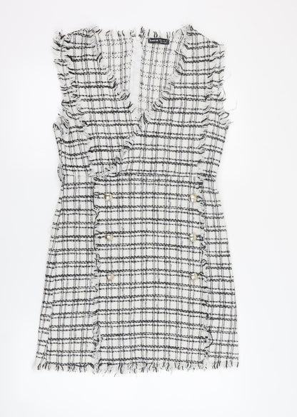 SheIn Womens White Plaid Polyester Mini  Size M  V-Neck Zip