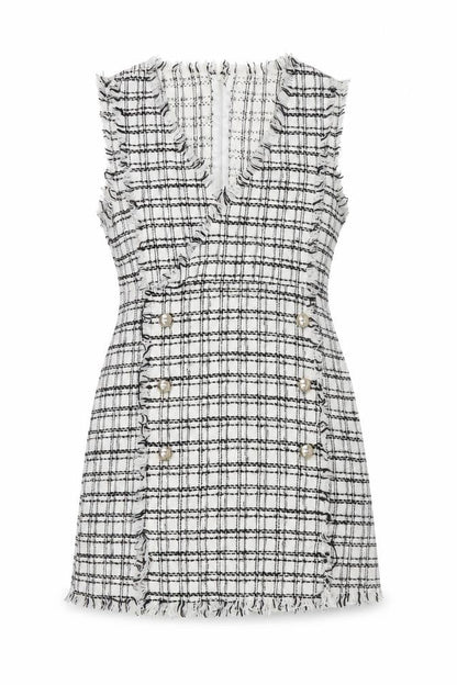 SheIn Womens White Plaid Polyester Mini  Size M  V-Neck Zip