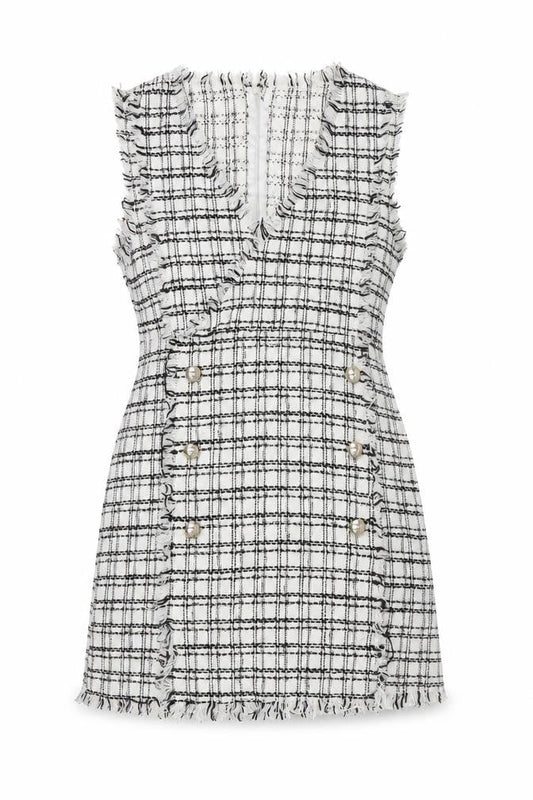 Front view of SHEIN women’s white plaid polyester mini, size M, v-neck zip