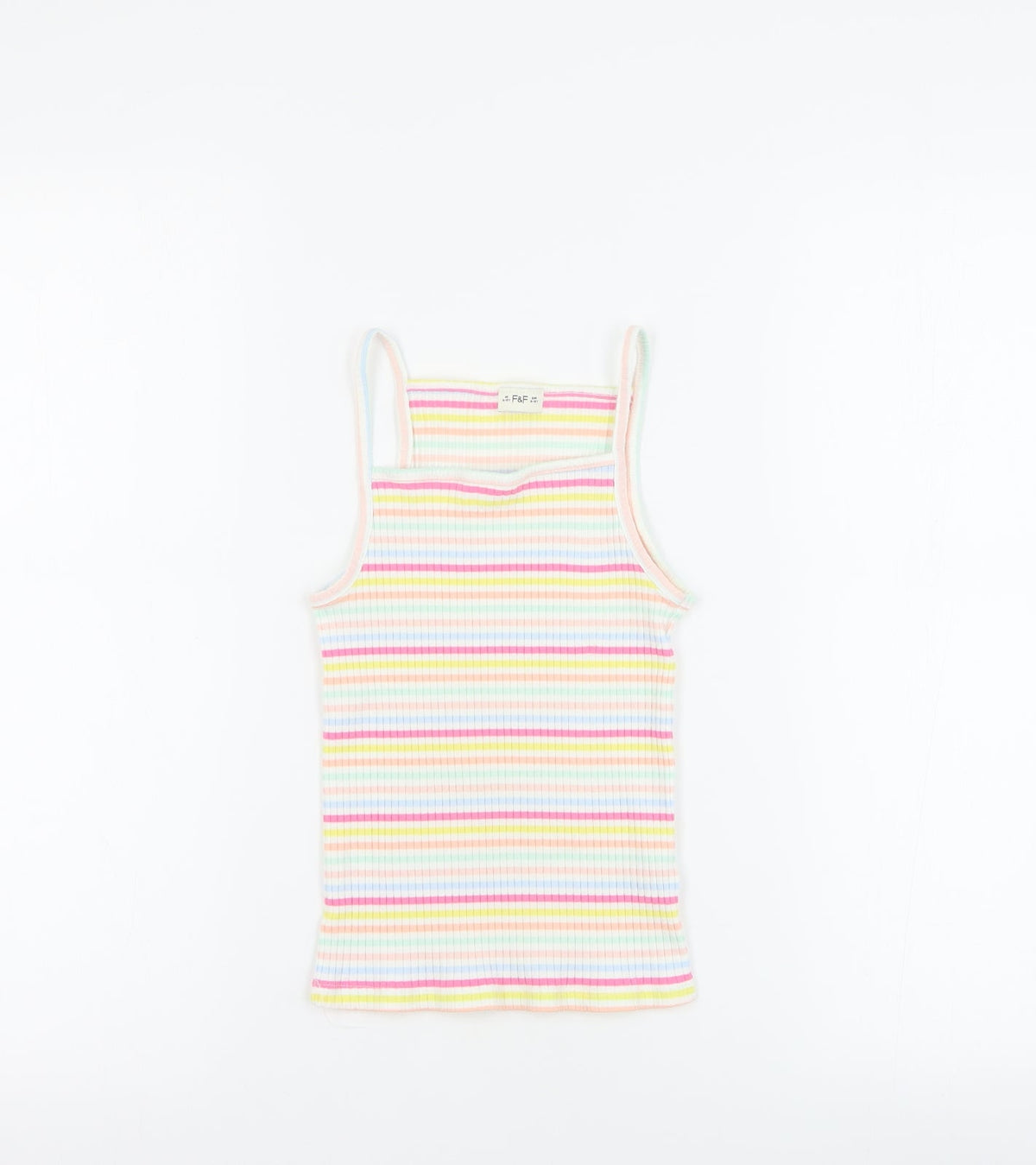 Additional front view of F&F girls’ multicoloured striped cotton basic tank, size 9-10, years square neck pullover