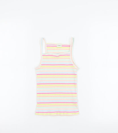 Additional front view of F&F girls’ multicoloured striped cotton basic tank, size 9-10, years square neck pullover