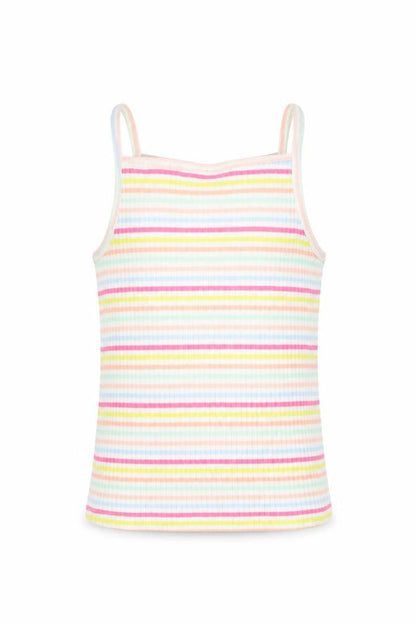 Front view of F&F girls’ multicoloured striped cotton basic tank, size 9-10, years square neck pullover