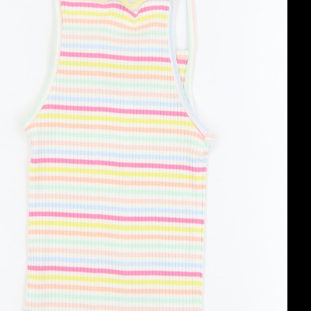 Brand and care label for F&F girls’ multicoloured striped cotton basic tank, size 9-10, years square neck pullover