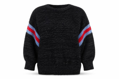 Front view of DK women’s black round neck polyester jumper, size L