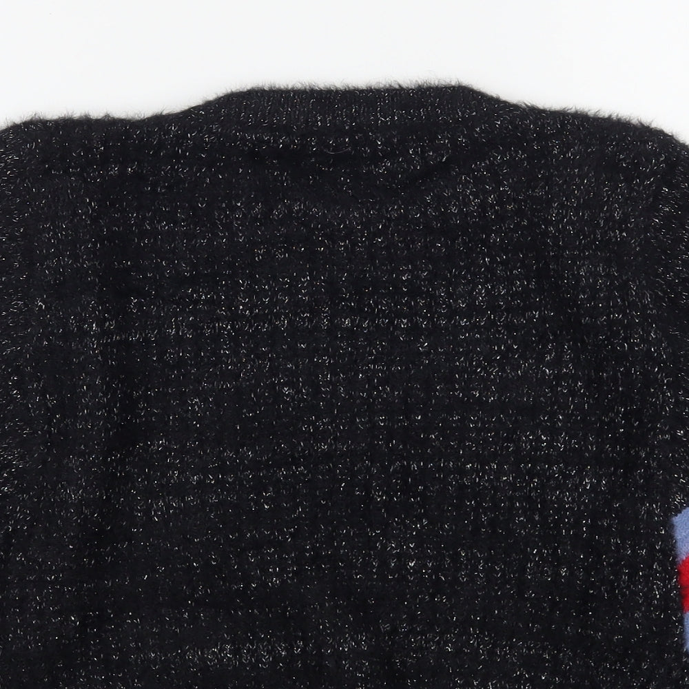 Close-up detail of DK women’s black round neck polyester jumper, size L
