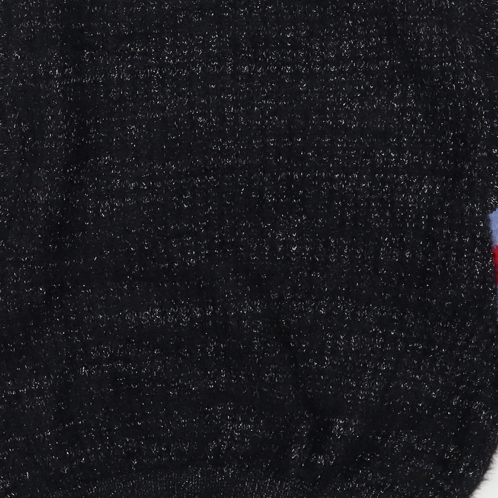 Brand and care label for DK women’s black round neck polyester jumper, size L