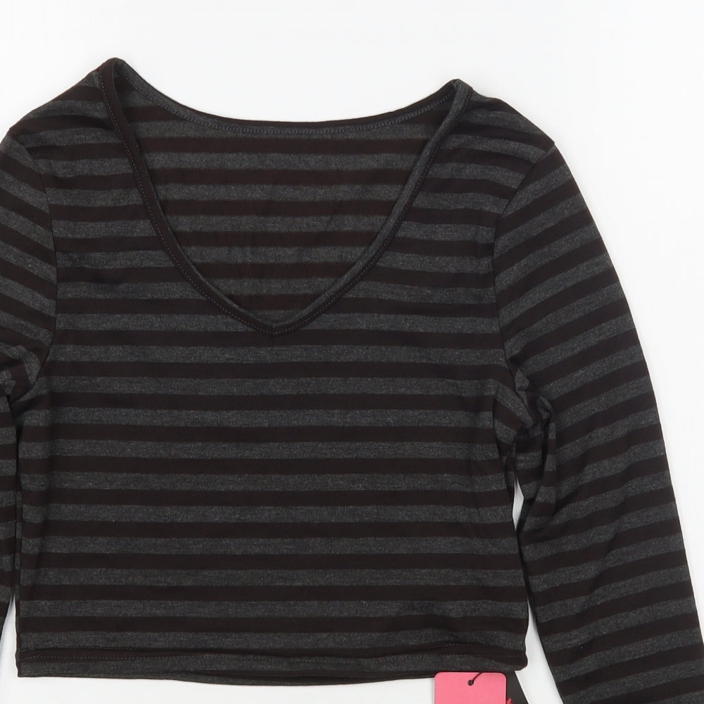 Rome Womens Grey Striped Polyester Basic T-Shirt Size XS V-Neck