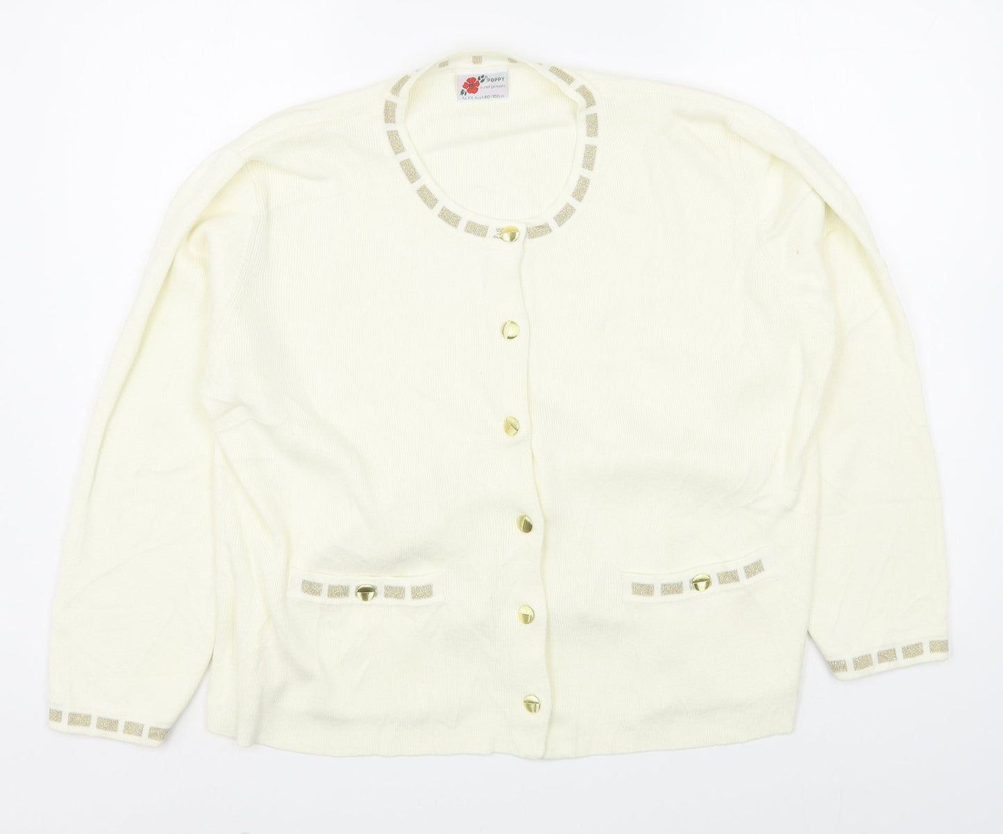 Poppy Style garments Womens Ivory Round Neck  Acrylic Cardigan Jumper Size M