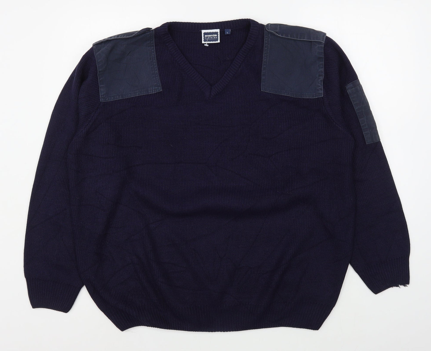 Ensemble Clothing Mens Blue V-Neck  Acrylic Pullover Jumper Size L