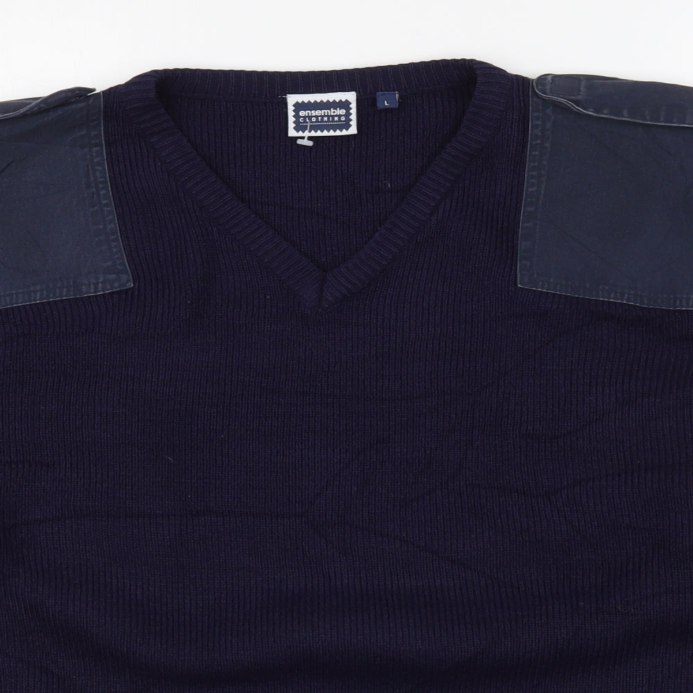 Ensemble Clothing Mens Blue V-Neck  Acrylic Pullover Jumper Size L