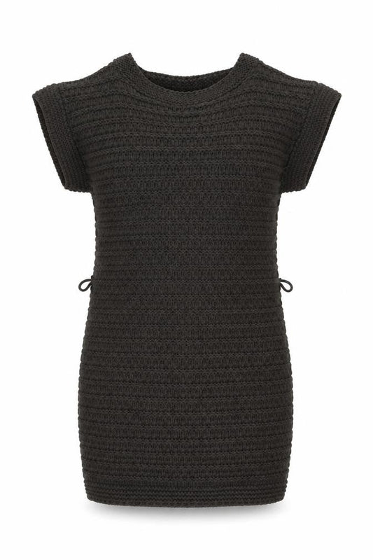 Front view of Therapy women’s grey acrylic jumper dress, size UK 12, round neck pullover