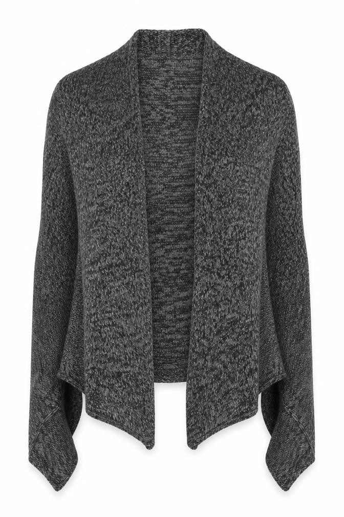 Front view of Crafted women’s grey round neck acrylic cardigan jumper, size UK 12