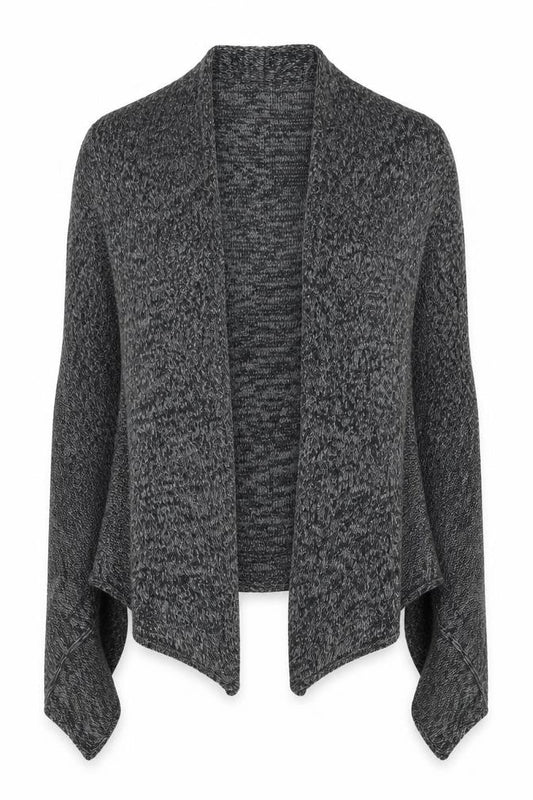 Front view of Crafted women’s grey round neck acrylic cardigan jumper, size UK 12