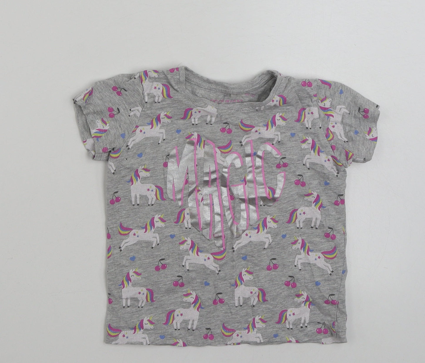 Primark Girls Grey  Cotton Basic T-Shirt Size 5-6 Years Crew Neck Pullover - Unicorn -Magic