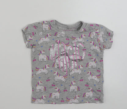 Primark Girls Grey  Cotton Basic T-Shirt Size 5-6 Years Crew Neck Pullover - Unicorn -Magic