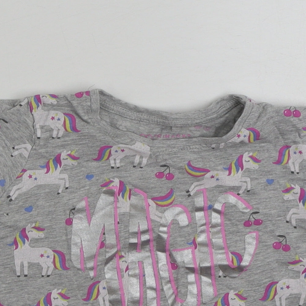 Primark Girls Grey  Cotton Basic T-Shirt Size 5-6 Years Crew Neck Pullover - Unicorn -Magic