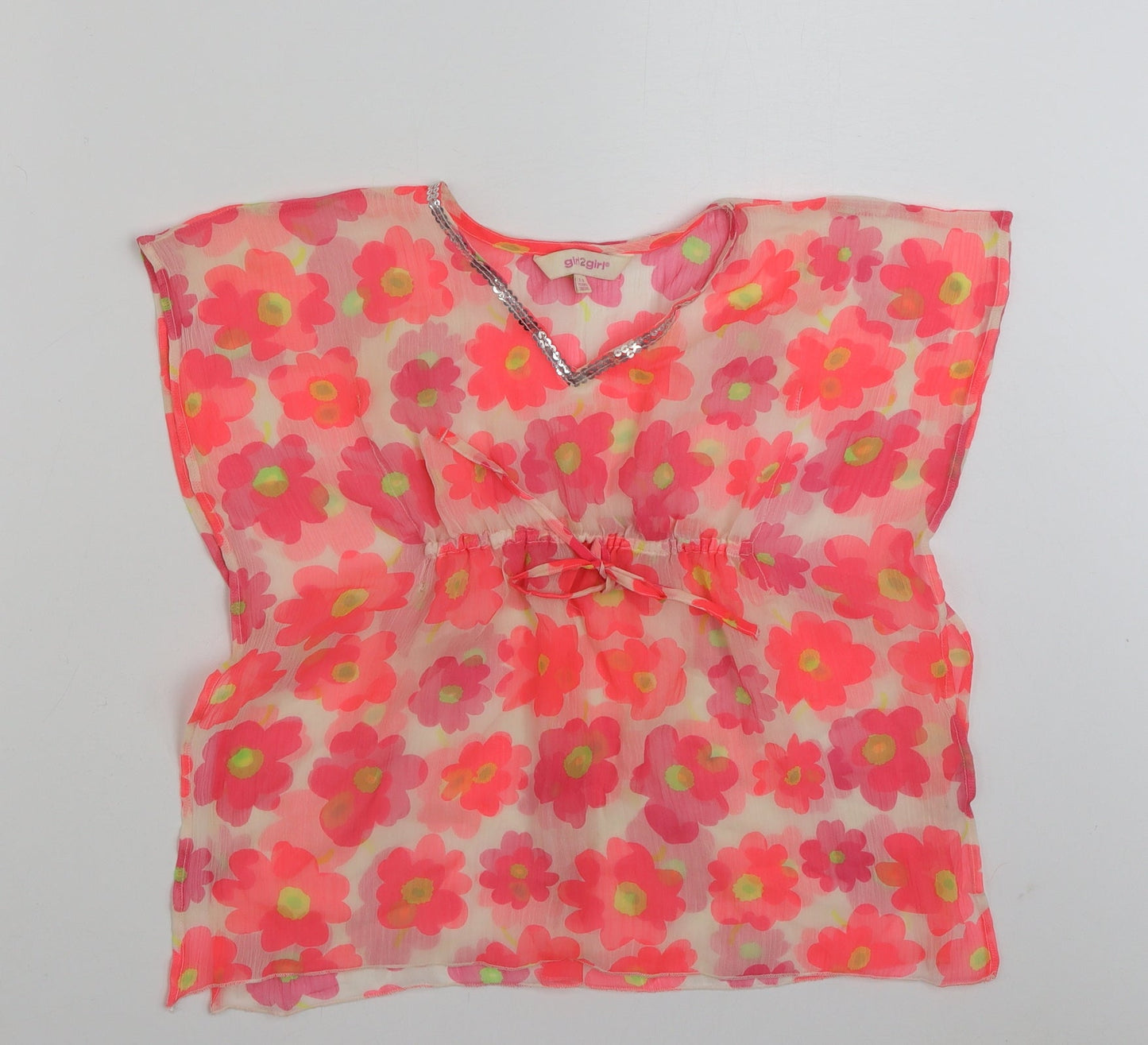 Girl 2 Girl Girls Multicoloured Floral Polyester Kimono Blouse Size 2-3 Years V-Neck Pullover - Tie