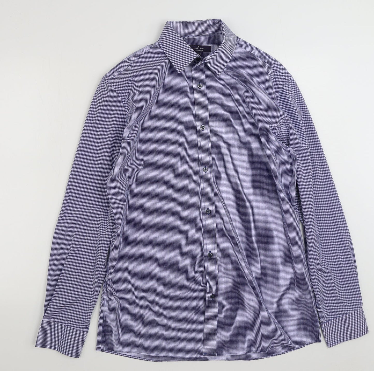 Tailor & Cutter Mens Blue Check Polyester  Button-Up Size 15.5 Collared Button