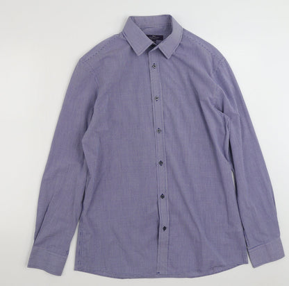 Tailor & Cutter Mens Blue Check Polyester  Button-Up Size 15.5 Collared Button