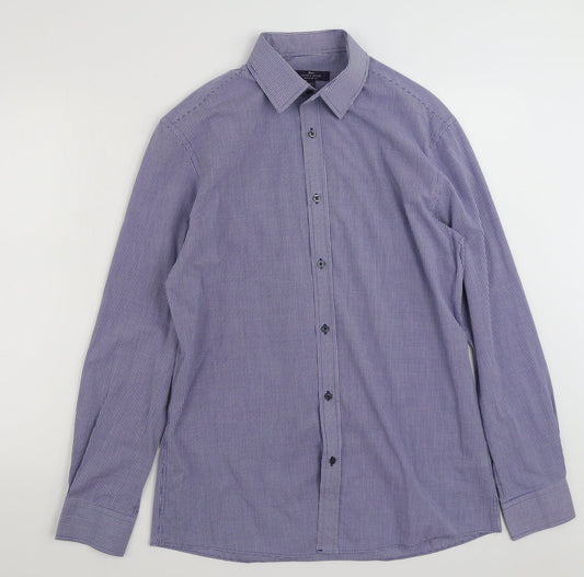 Tailor & Cutter Mens Blue Check Polyester  Button-Up Size 15.5 Collared Button