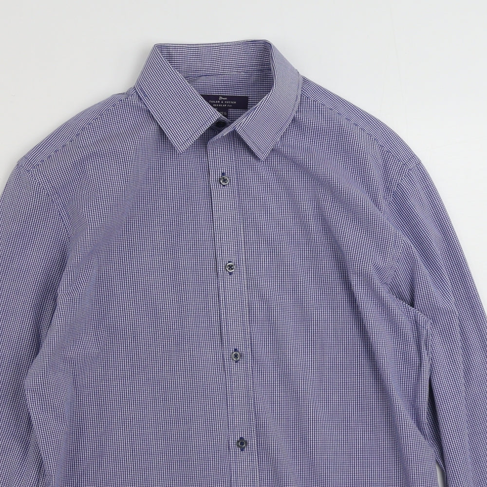 Tailor & Cutter Mens Blue Check Polyester  Button-Up Size 15.5 Collared Button