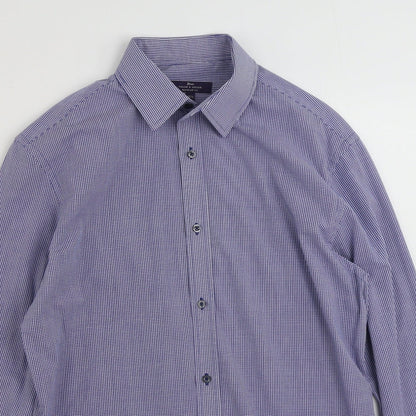 Tailor & Cutter Mens Blue Check Polyester  Button-Up Size 15.5 Collared Button