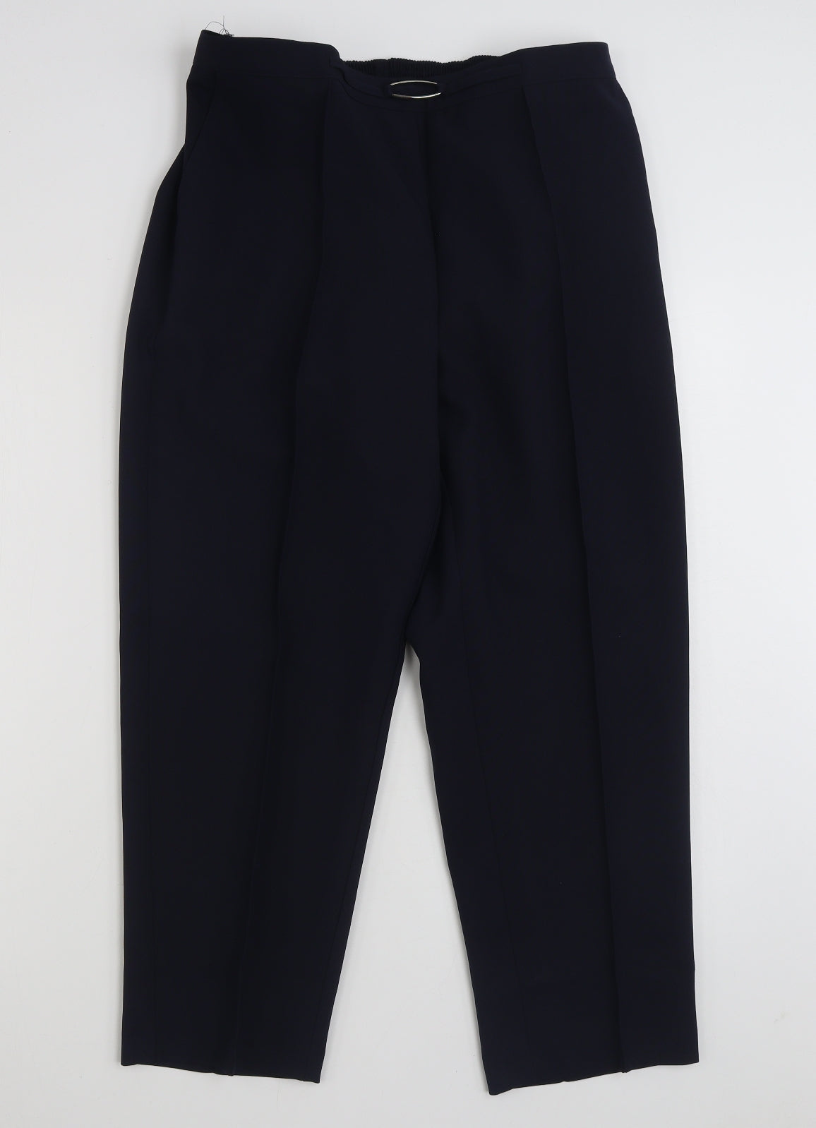 Front view of JD WILLIAMS women’s blue polyester trousers, size UK 14, 25-inch leg regular
