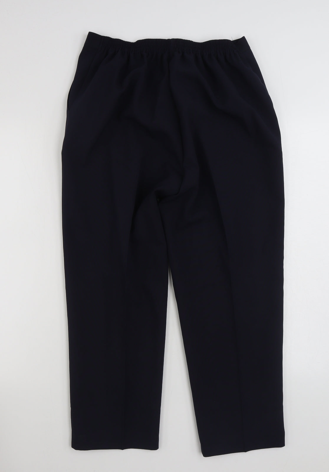 Back view of JD WILLIAMS women’s blue polyester trousers, size UK 14, 25-inch leg regular
