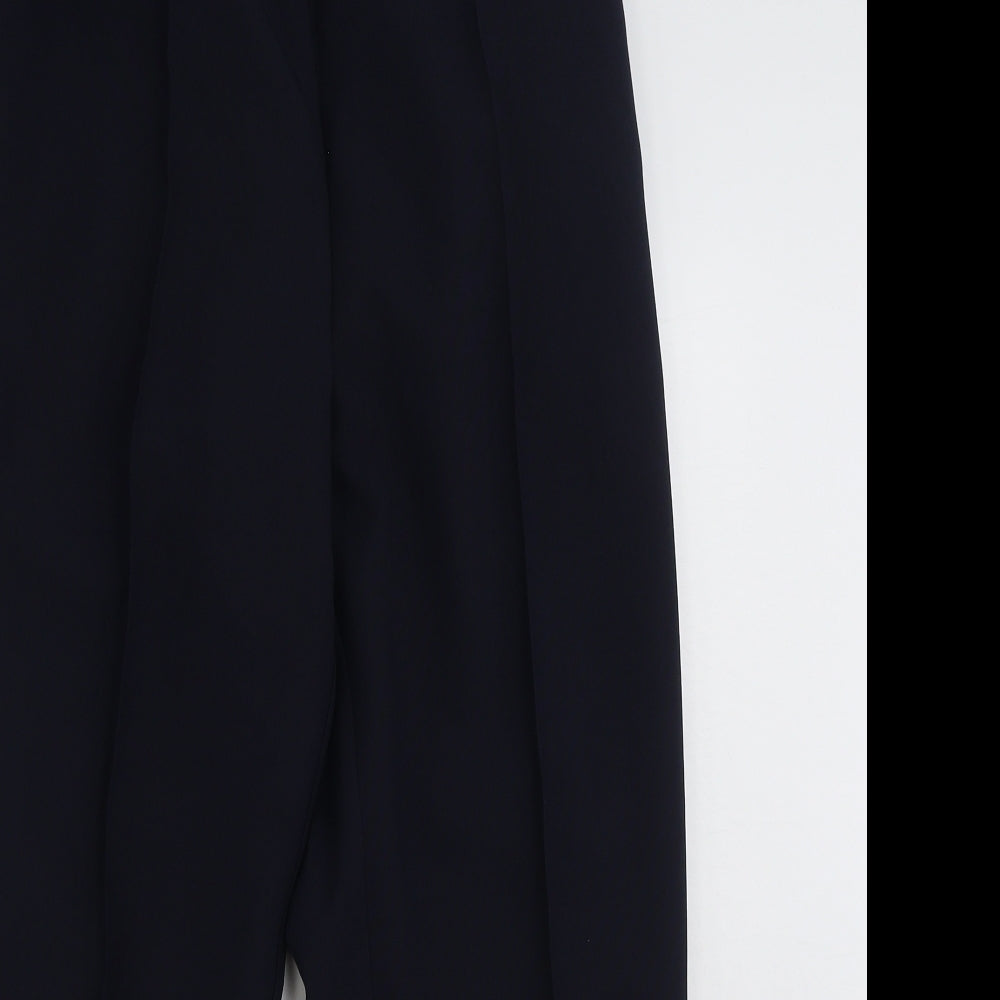 Close-up detail of JD WILLIAMS women’s blue polyester trousers, size UK 14, 25-inch leg regular