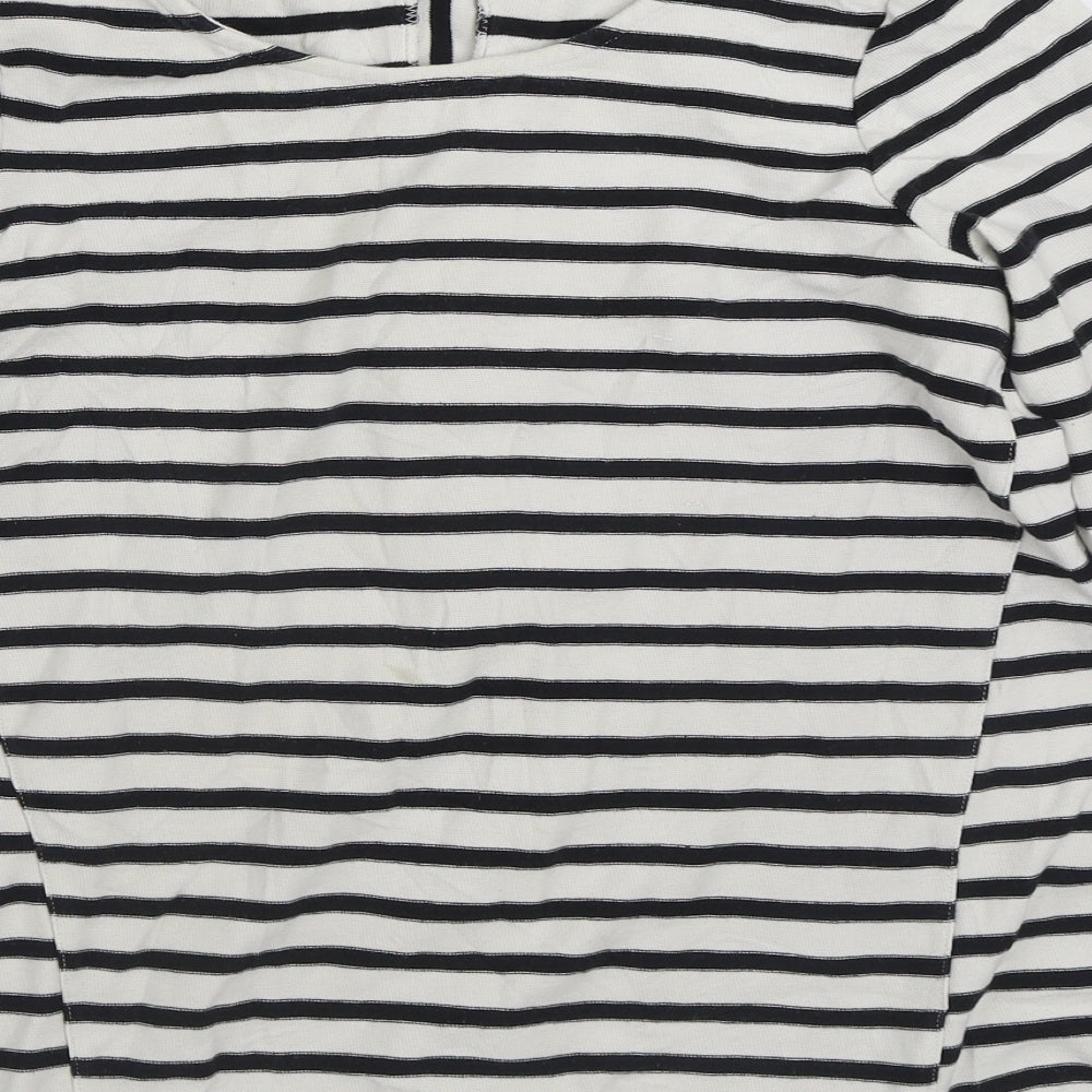 Brand and care label for Pure women’s white striped polyester pullover sweatshirt, size UK 12, pullover