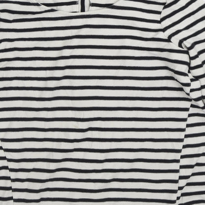 Brand and care label for Pure women’s white striped polyester pullover sweatshirt, size UK 12, pullover