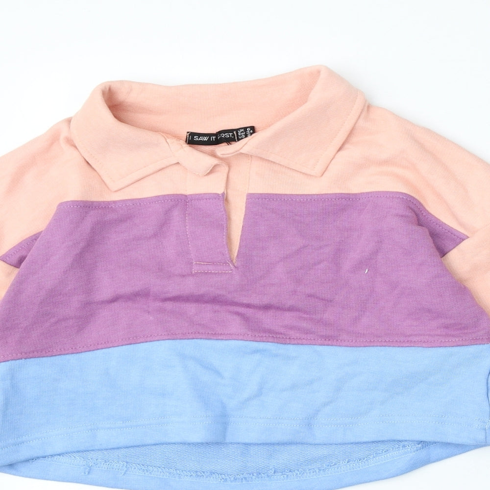 Close-up detail of I SAW IT FIRST women’s multicoloured striped polyester pullover sweatshirt, size UK 6
