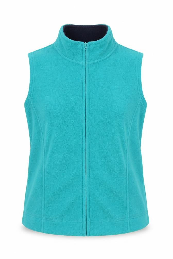 Front view of EWM women’s green polyester vest sweatshirt, size UK 14, zip