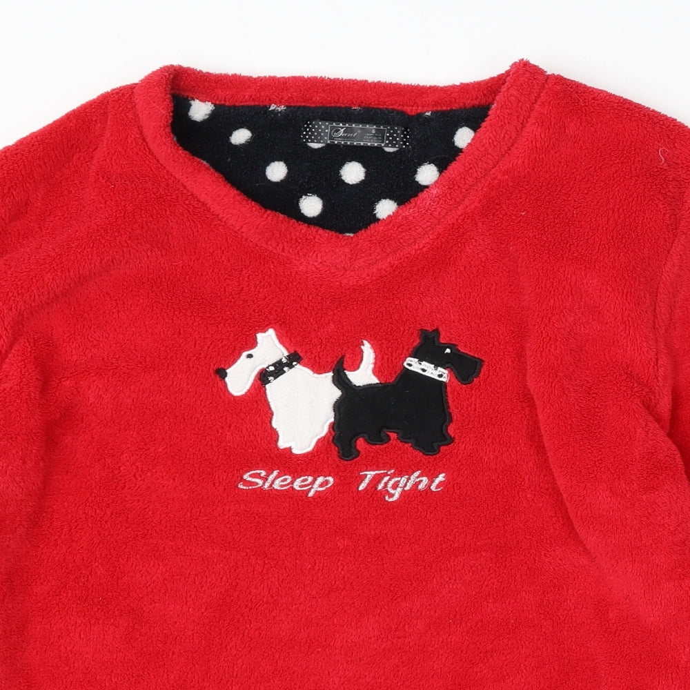 Close-up detail of Secret Possesions women’s red polyester top pyjama top, size S