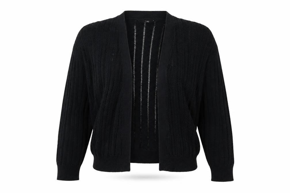 Front view of Next women’s black v-neck cotton cardigan jumper, size UK 10