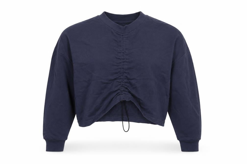 Front view of Boohoo women’s blue cotton pullover sweatshirt, size UK 12, drawstring