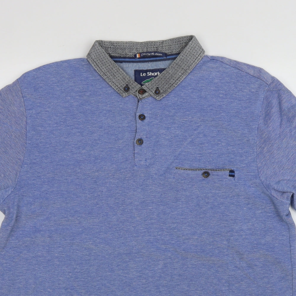LE SHARK  Mens Blue  Cotton  Polo Size M Collared Button