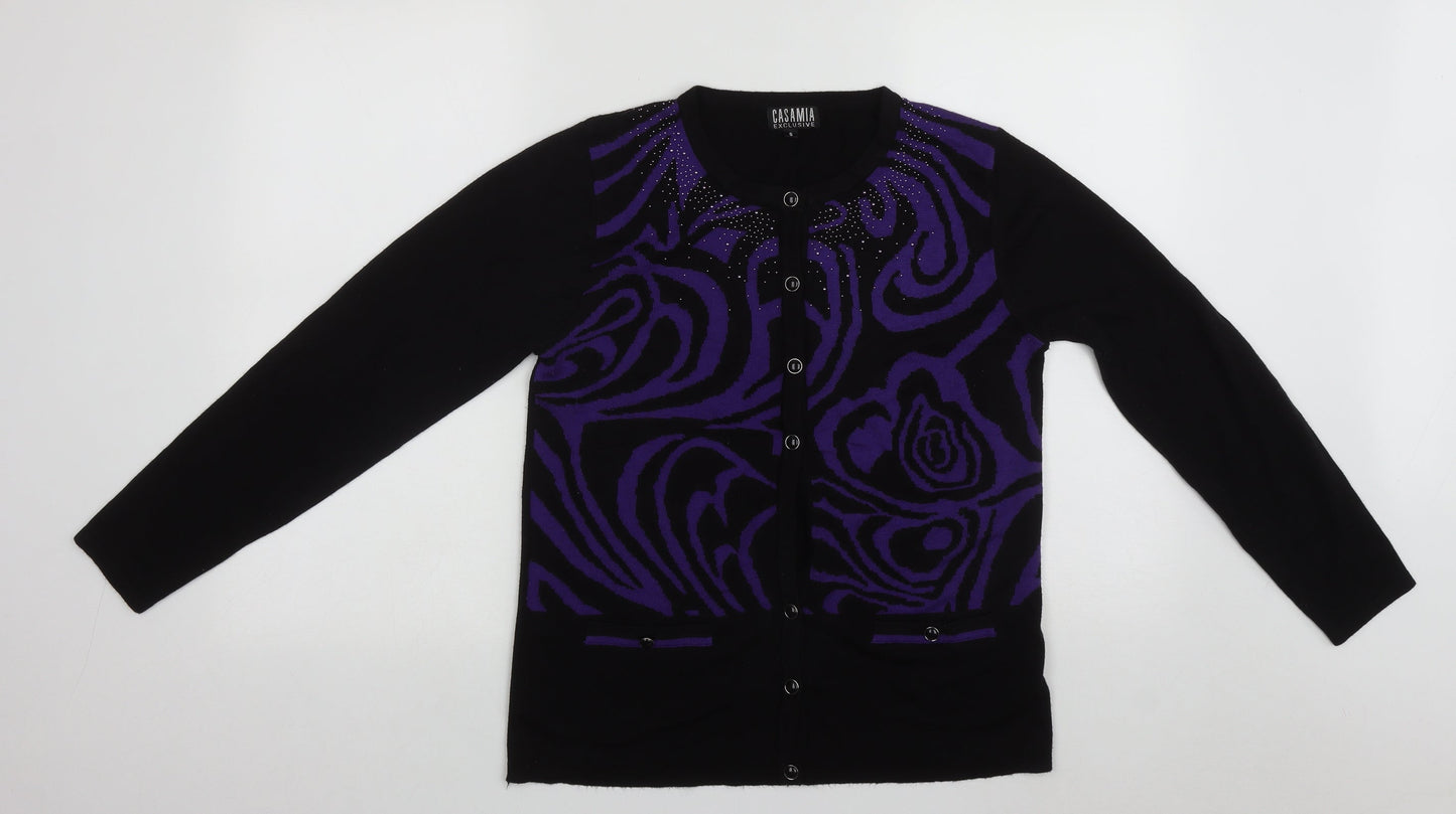 Cashmia Womens Black Round Neck Geometric Acrylic Cardigan Jumper Size S