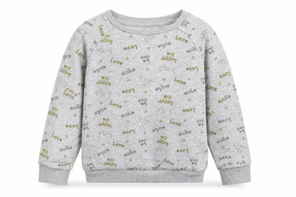 Front view of Primark girls’ grey geometric cotton pullover sweatshirt, size 2-3, years pullover