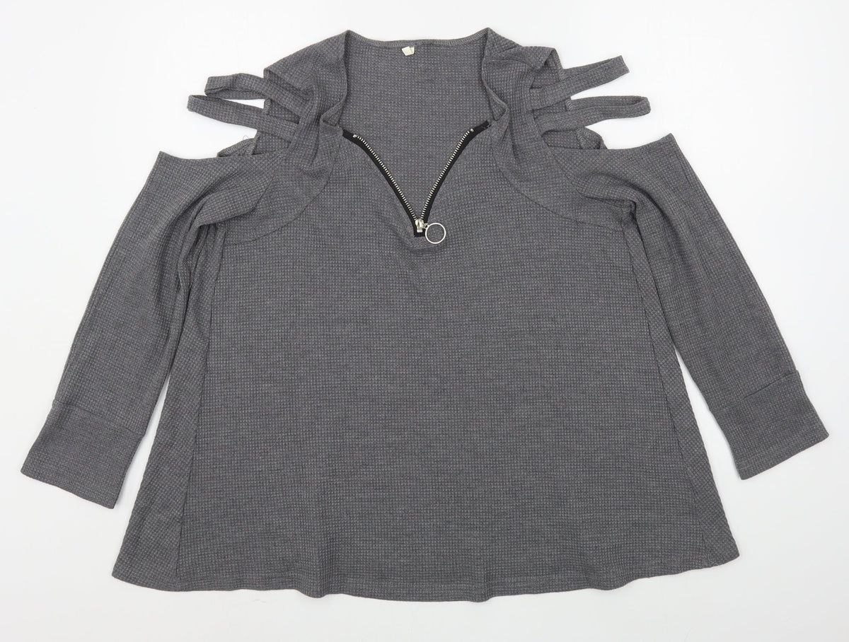 Additional front view of women’s grey cotton pullover sweatshirt, size L, zip
