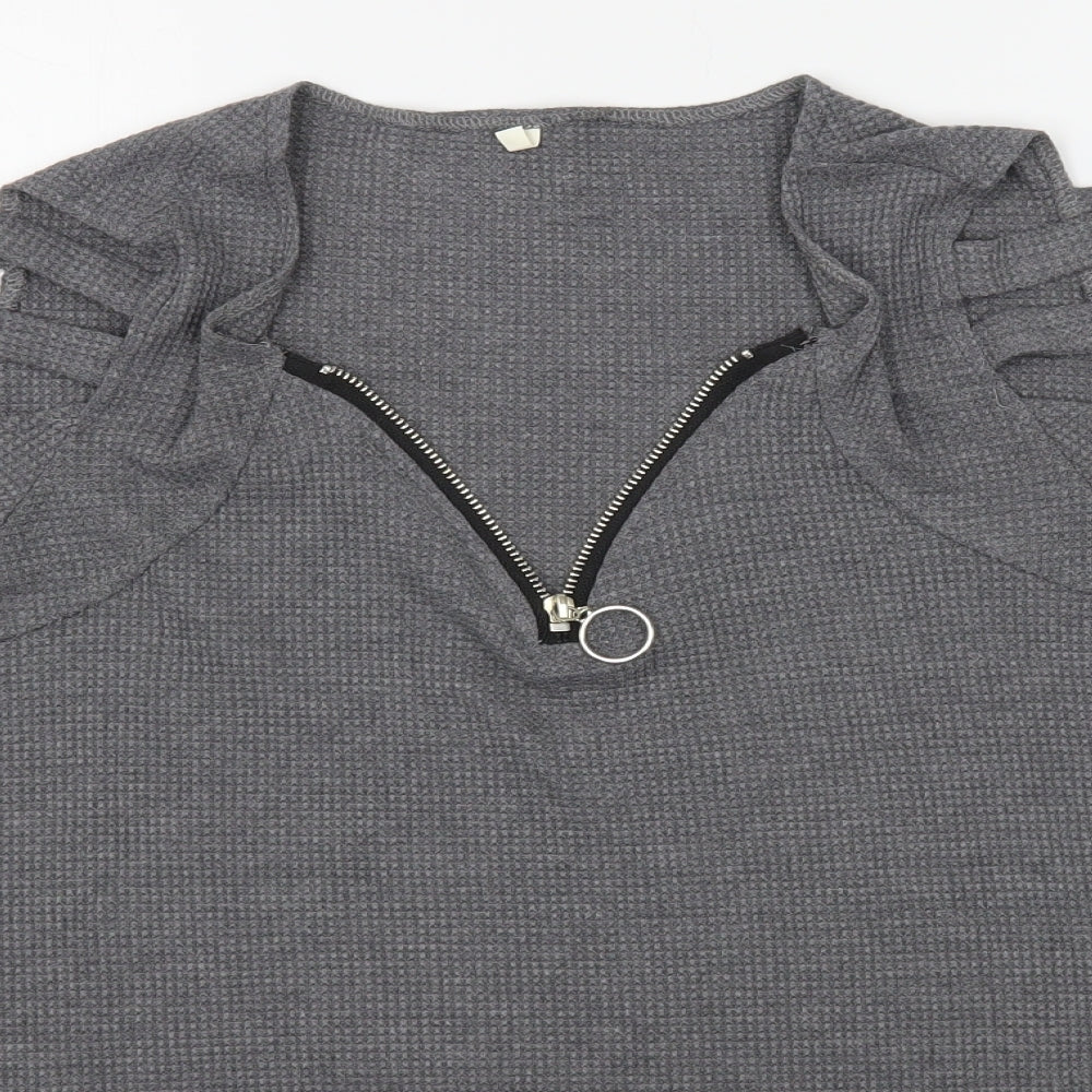 Close-up detail of women’s grey cotton pullover sweatshirt, size L, zip