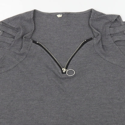 Close-up detail of women’s grey cotton pullover sweatshirt, size L, zip