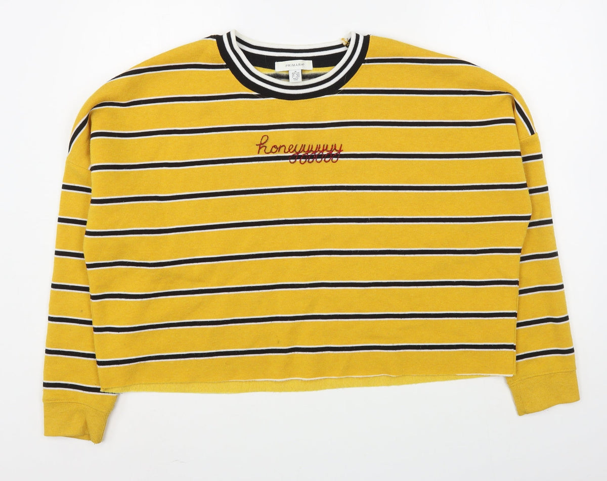Additional front view of Primark women’s yellow striped cotton pullover sweatshirt, size M, pullover - cropped