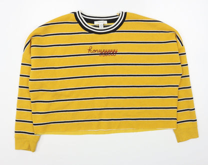 Additional front view of Primark women’s yellow striped cotton pullover sweatshirt, size M, pullover - cropped