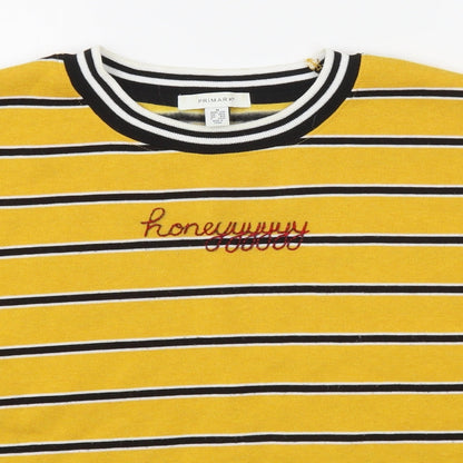 Close-up detail of Primark women’s yellow striped cotton pullover sweatshirt, size M, pullover - cropped