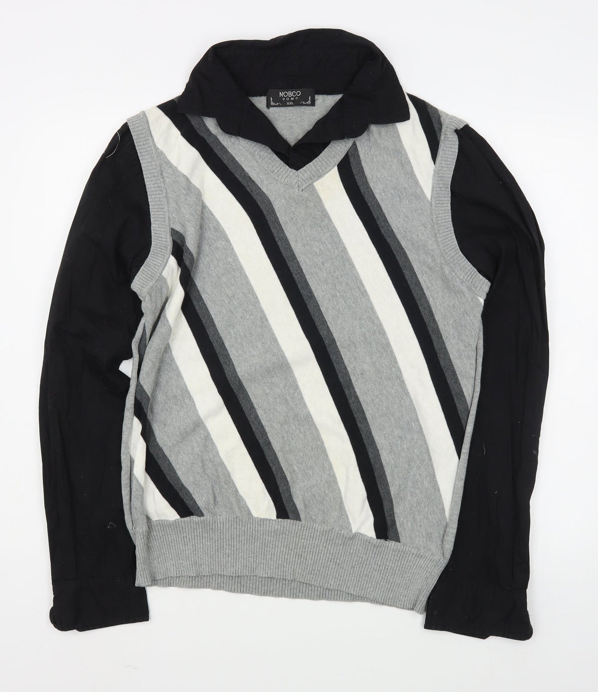 Additional front view of Nobco men’s grey collared striped acrylic jumper, size 2XL